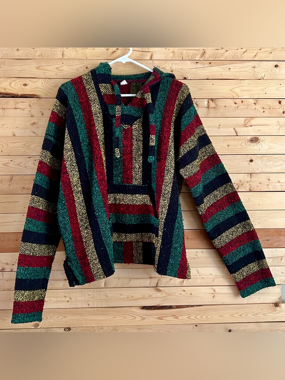 Vintage Baja Woven Multicolored Striped Pullover Hoodie Sweater Jacket Size S/M